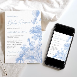 Safari Toile De Jouy Baby Shower Invitation, Blue Chinoiserie Baby Shower Invite with Animals, Boy Baby Shower, Instant Download, SP44
