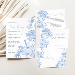 Safari Toile De Jouy Baby Shower Invitation Set, Chinoiserie Baby Shower Invite with Animals, Boy Baby Shower, Instant Download, SP44