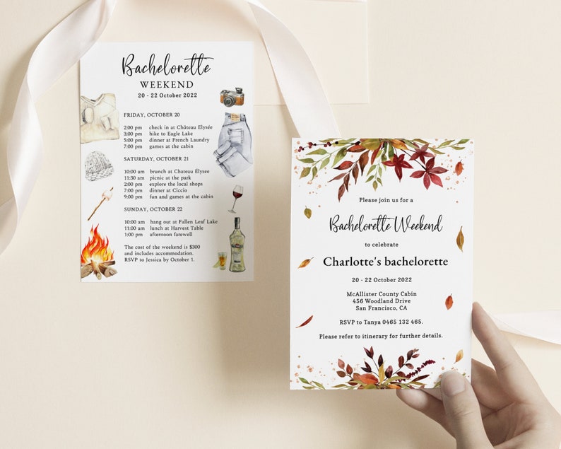 May include: Two white rectangular cards featuring a bachelorette weekend itinerary and invitation. The itinerary includes watercolor illustrations of a camera, jeans, a beanie, a campfire, and wine. The invitation features autumn leaf motifs.