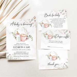 Ein Baby braut Babypartyeinladungs-Set, Kaffee-Babyparty, eine kleine Bohne, Co-ed Babyparty, Mädchen-Babyparty, rosa Wildblumen, B29