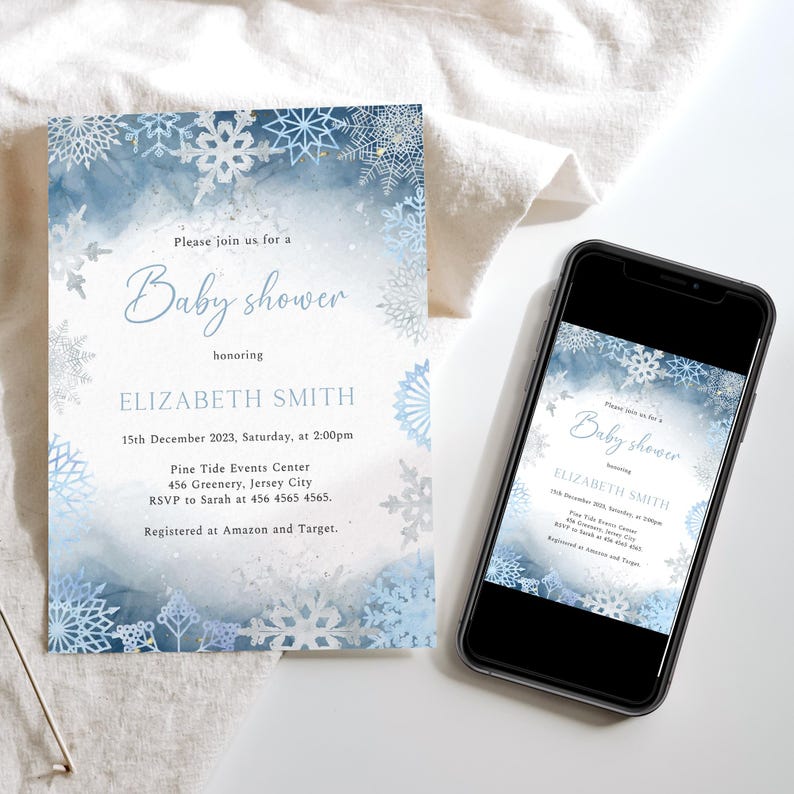 May include: Baby shower invitation with a blue watercolor background and snowflake accents. The invitation includes the text "Baby shower" and details for Elizabeth Smith's baby shower, including date, time, and location.
