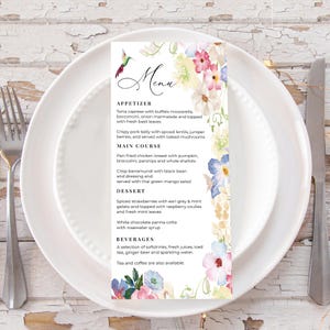 Plantilla de menú con flores en tonos pastel, menú con flores de colores, elegantes flores de jardín, boda de primavera, boda de cuento de hadas, descarga instantánea, SP31