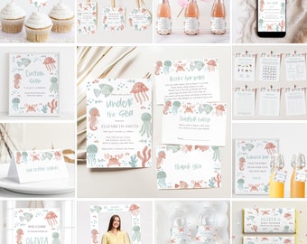 May include: A set of printable baby shower decorations with an under the sea theme. The decorations include invitations, welcome signs, cupcake toppers, favor tags, and more. The colors are pink, blue, and green.