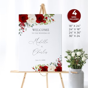 Signo de bienvenida de boda de rosas rojas y blancas, signo personalizado rojo y blanco, decoración de boda floral, signo de boda elegante moderno, descarga instantánea, G26