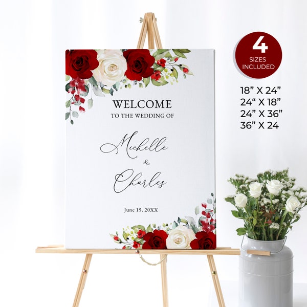 Panneau de bienvenue de mariage roses rouges et blancs, panneau personnalisé rouge et blanc, décoration florale de mariage, panneau de mariage moderne et élégant, téléchargement immédiat, G26