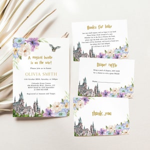 Magical Baby Shower Invitation Girl, Castle Baby Shower Invite, Spring Baby Shower, Summer Baby Shower, Wizard, Owl, Colorful Flowers, G32 image 1