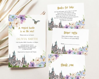 Magical Baby Shower Invitation Girl, Castle Baby Shower Invite, Spring Baby Shower, Summer Baby Shower, Wizard, Owl, Colorful Flowers, G32