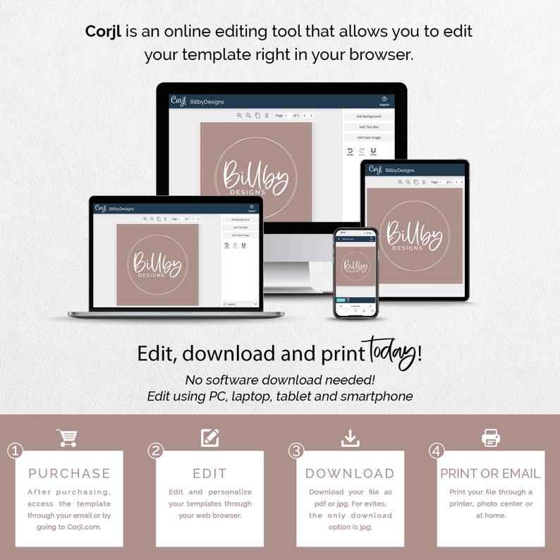 May include: A graphic showing how to edit, download, and print a template using the Corjl online editing tool. The graphic shows a computer, laptop, tablet, and smartphone, each displaying a template with the text "Billby Designs". The graphic also includes four steps: purchase, edit, download, and print or email.
