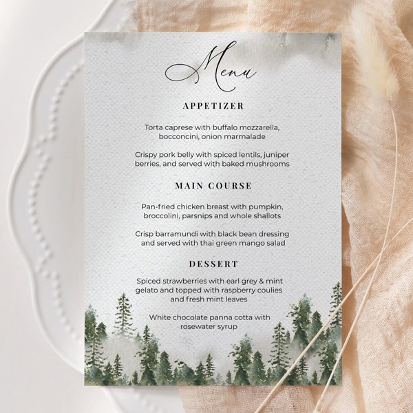 Forest Wedding Menu Template, Mountain Menu, Woodland Menu, Pine Trees, Rustic Wedding Menu, Winter Wedding, Instant Download, BD004