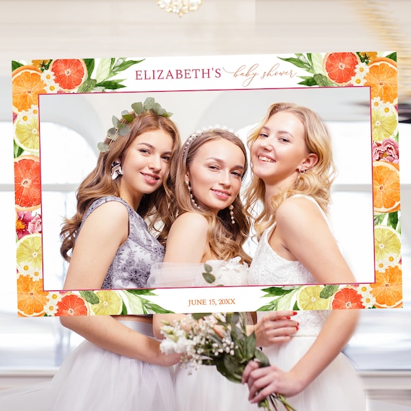 Citrus Baby Shower Photo Prop Frame Printable Template, Lemons and Oranges Photo Booth Frame, Bright Florals, Editable DIY Party Frame, ME20