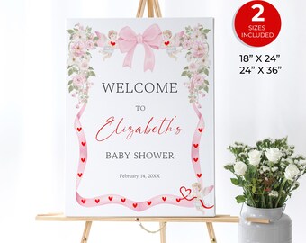 A Little Sweetheart Baby Shower Welcome Sign, Editable Valentine's Day Baby Shower, Coquette Pink Bow and Hearts, Pink Flowers, B63