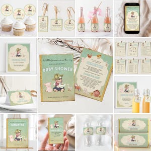 May include: A set of printable baby shower decorations featuring a cartoon pig farmer in a green and white colour scheme. The set includes invitations, cupcake toppers, favour tags, water bottle labels, and game cards. The text on the invitations reads "A little farmer is on the way" and "Join us for Samantha's Baby Shower".