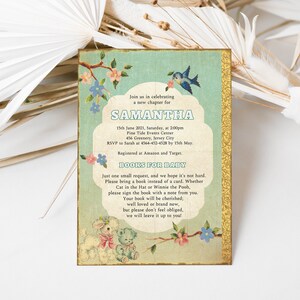 May include: A vintage-style baby shower invitation with a blue bird and floral accents. The invitation is for Samantha and requests guests to bring a book instead of a card. The text reads "Join us in celebrating a new chapter for Samantha. 15th June 2021, Saturday, at 2:00pm Pine Tide Events Center 456 Greenery, Jersey City RSVP to Sarah at 4564-452-4528 by 15th May. Registered at Amazon and Target. BOOKS FOR BABY Just one small request, and we hope it's not hard. Please bring a book instead of a card. Whether Cat in the Hat or Winnie the Pooh, please sign the book with a note from you. Your book will be cherished; well loved or brand new, but please don't feel obliged, we will leave it up to you!"