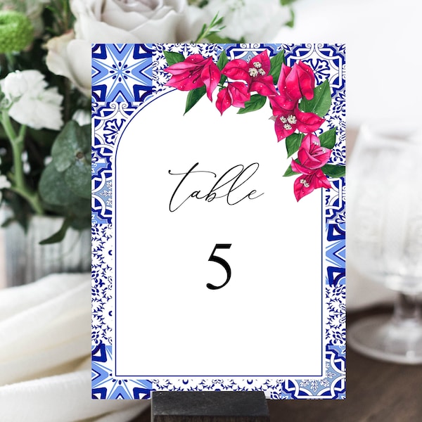 Mediterranean Table Number Template, Blue Tiles Bougainvillea, Tuscan Italian, Santorini Greece, Modern Elegant Table Seating, ME5