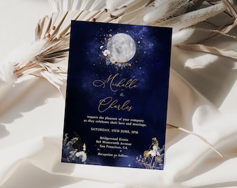 Floral Moon Wedding Invitation, Celestial Wedding Invitation, Wildflowers, Moon and Stars, Gold and Navy Blue, Starry Night, Galaxy, BD06