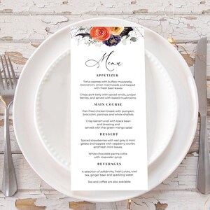 Modèle de menu gothique, menu de mariage automne, enseigne de menu halloween, modèle de menu floral orange violet jaune, menu de mariage automne, HAL12