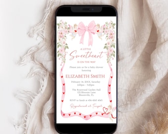 A Little Sweetheart Baby Shower Electronic Invitation, Editable Valentine's Day Evite, Coquette Pink Bow and Hearts, Pink Flowers, B63