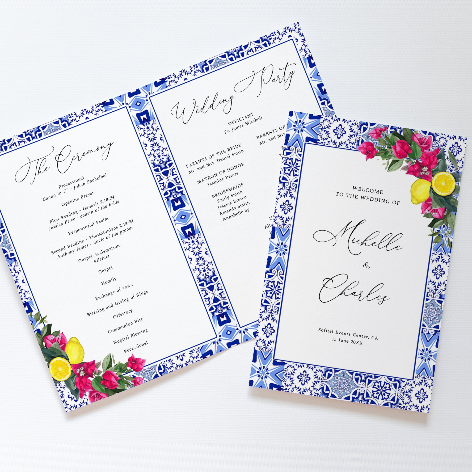 Mediterranean Lemon Wedding Program Booklet, Blue Tiles Lemon Wedding ...