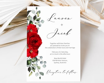 Red roses wedding Invitation, red wedding invitation, red wedding invitation templates, Valentines day wedding invitation, Valerie