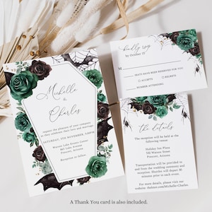 May include: A black and green wedding invitation with a coffin-shaped design and floral accents. The invitation features the names "Michelle & Charles" and details for a wedding ceremony and reception on Saturday, 5th November. The invitation also includes a RSVP card with a spiderweb design.