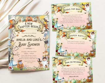 Halloween Storybook Baby Shower Invitation Set, Chapter Book Themed, Alice in Wonderland, Winnie the Pooh, Peter Rabbit, Gender Neutral,ST55