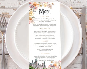 Magische menusjabloon, bewerkbaar kasteelmenu, beige bloemen, neutrale bloemen, lentebruiloft, zomerbruiloft, wizardmenusjabloon, SP08