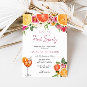Love at First Spritz Bridal Shower Invitation, Aperol Spritz Bridal Shower Invite, Citrus Bridal Brunch, Orange Bright Florals, ME27