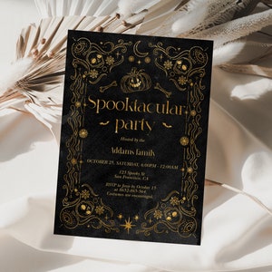 Black and Gold Halloween Party Invitation, Vintage Halloween Template, Spooky Party Invite, Editable Gothic Invitation, Instant Download