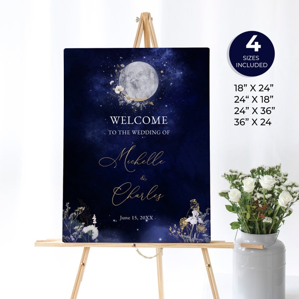 Floral Moon Wedding Welcome Sign, Celestial Custom Sign, Wildflowers, Moon and Stars, Gold and Navy Blue, Starry Night, Night Galaxy, BD06