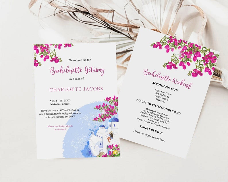 May include: Invitation for a bachelorette getaway in Mykonos, Greece. The invitation features a watercolor illustration of whitewashed buildings with blue accents, a blue sky, and pink flowers. The text reads "Please join us for Bachelorette Getaway in honor of Charlotte Jacobs April 8-15, 20XX Mykonos, Greece RSVP Jessica at 8652-4542-4562 or email Jessica Hutchins@gmail.com on or before January 30, 20XX. Please see further details at the back."