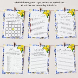 Blue tiles and lemons bridal shower games, printable bridal shower games, citrus printable card, Greece Italy bridal shower,ME3