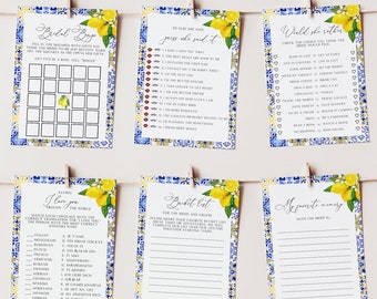 Blue tiles and lemons bridal shower games, printable bridal shower games, citrus printable card, Greece Italy bridal shower,ME3