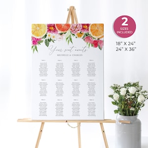 Citrus bruiloft zitbord, magenta tafelschikking, citroensinaasappel, felle bloemen, mediterraan citroen zitbord, roze bloemen, ME20