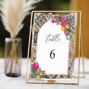 Orange fruits and Bougainvillea Table Number Template, Citrus Table Number, Tuscan Italian Spanish Custom Sign, Mosaic Tiles, ME9