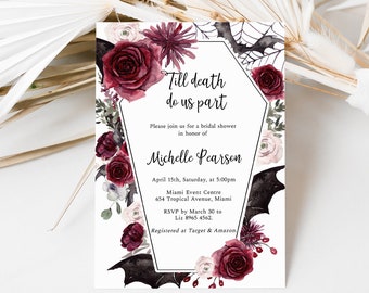 May include: A bridal shower invitation with a gothic theme. The invitation features a black coffin with bats and a floral arrangement of red and white roses. The text reads "Till death do us part" and includes the bride's name, date, time, and location.