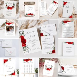 Rote Rosen Hochzeitseinladung, rote Hochzeitseinladung, rote Hochzeitseinladung, Hochzeitsprogramm, rotes Zeichen, Valerie