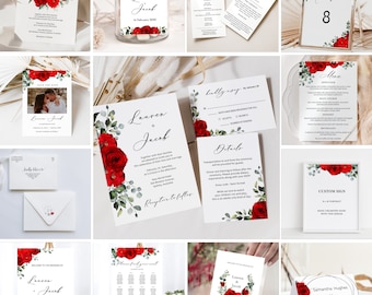 Rote Rosen Hochzeitseinladung, rote Hochzeitseinladung, rote Hochzeitseinladung, Hochzeitsprogramm, rotes Zeichen, Valerie