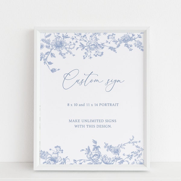 Dusty Blue Chinoiserie Custom Sign Template, Blue Floral Line Art Welcome Sign, Wedding Table Poster, Boy Baby Shower, Botanical, SP15