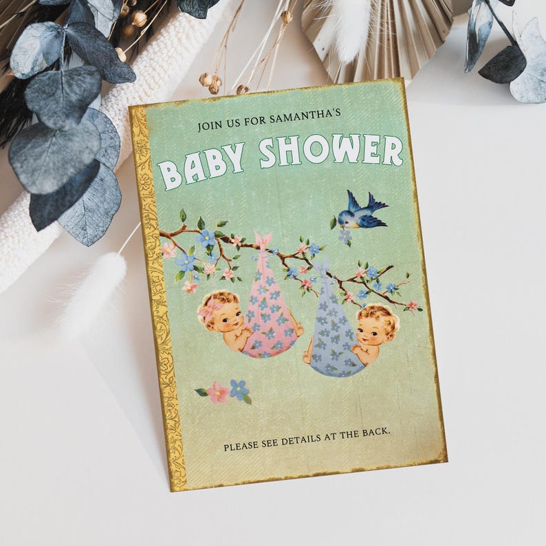 Boy and Girl Twins Baby Shower Invite, Retro Storybook Twins Baby Shower Invitation, Vintage Chapter Book Themed Baby Shower Invite, ST1GBT image 5