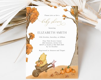 May include: Baby shower invitation featuring a watercolor illustration of Winnie the Pooh and Piglet with pumpkins. The invitation includes details for Elizabeth Smith's baby shower, with fall-themed trees and foliage.