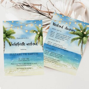 Tropical Weekend Itinerary, Beach Ocean Seaside Birthday Weekend Invitation, Bachelorette Party, Custom Palm Trees Itinerary Template, G36