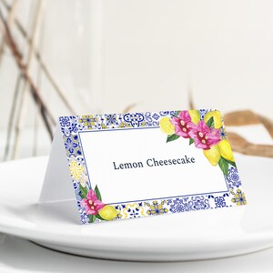 Mediterranean Lemon Food Label Template, Printable Blue Tiles Buffet Card, Tuscan Italian Food Card Template, Dessert Label, ME2