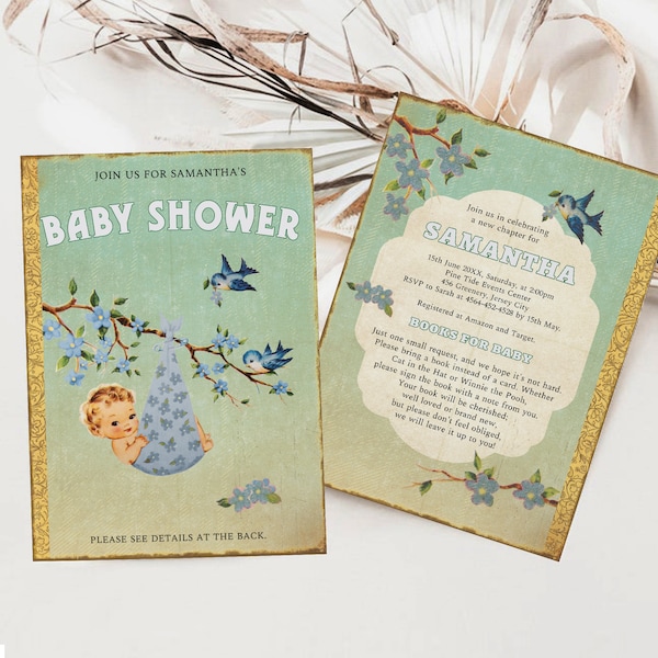 Retro Storybook Baby Shower Invitation, Chapter Book Themed Baby Shower Invite, Baby Shower Boy, Editable Vintage Baby Shower Invite, ST1B