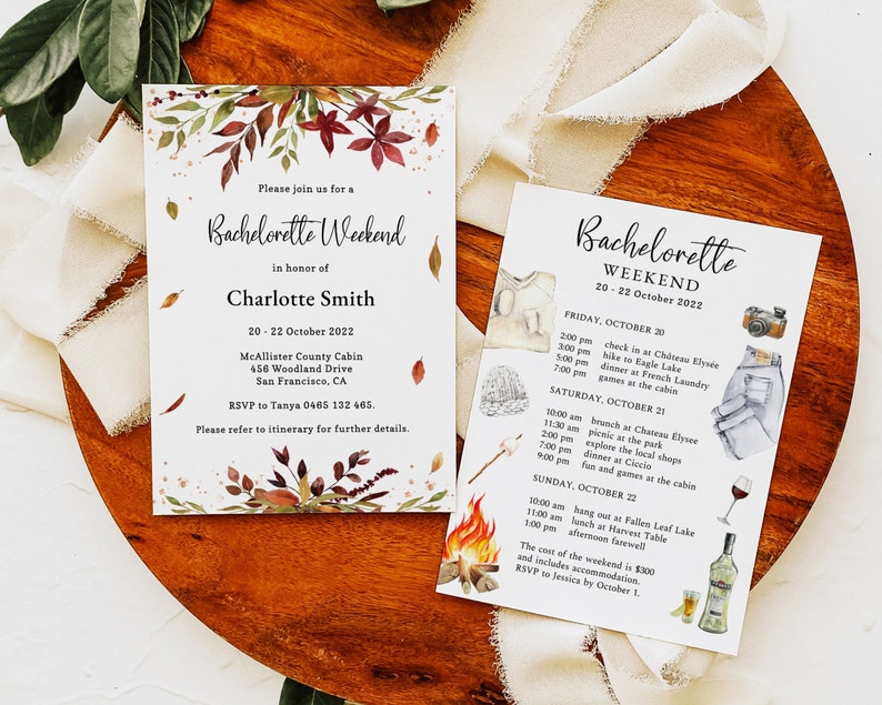 Fall Bachelorette Party, Fall Itinerary, Autumn Weekend Invitation, Editable Template, Instant Download, Digital Party Invite, Burnt Orange image 1