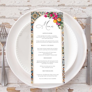 Moorish Spanish Wedding Menu Template, Citrus Orange fruits and Bougainvillea menu template, Alhambra Andalusia, Talavera Tiles, ME9