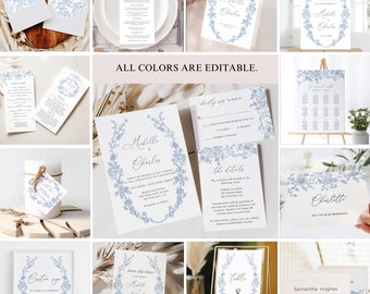 Dusty Blue Chinoiserie Wedding Invitation Big Bundle, Toile French, Toile de Jouy, Printable Wedding Invite, Instant Download, SP15