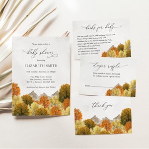 Fall Forest Baby Shower Invitation Set, Mountain Baby Shower Invite, Woodland Outdoor Rustic Adventure Baby Shower, Vintage Invite, BD10