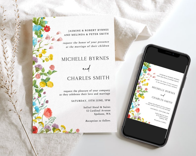 Wedding Invite, Wildflower Invitation Set, Floral Wedding Invites, Printable Botanical Wedding Invites, Instant Download, Colorful Wedding image 2