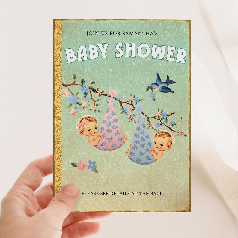 Boy and Girl Twins Baby Shower Invite, Retro Storybook Twins Baby Shower Invitation, Vintage Chapter Book Themed Baby Shower Invite, ST1GBT image 6