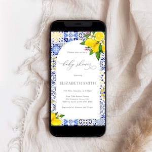 Mediterranean Lemon Baby Shower Text Message Invitation, Citrus Baby Shower, Blue Tiles, Lemon Electronic Invite, Italian Santorini, ME3